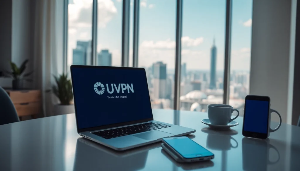 在现代工作空间的笔记本电脑上显示的快连VPN界面，背景为城市天际线。