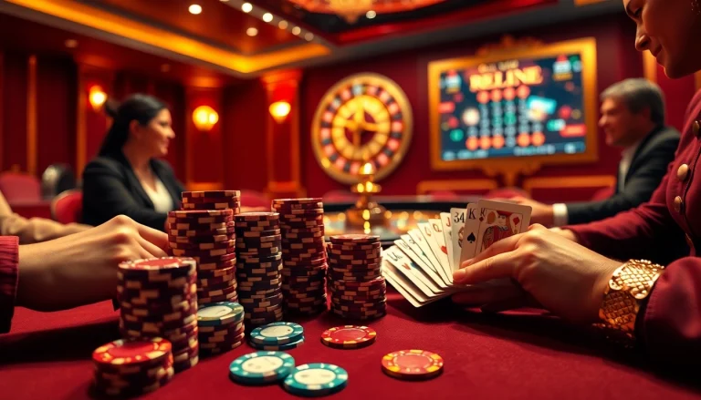 Des joueurs de poker captivants dans un casino de luxe, mettant en avant le meilleur casino en ligne 2026 et l'excitation.