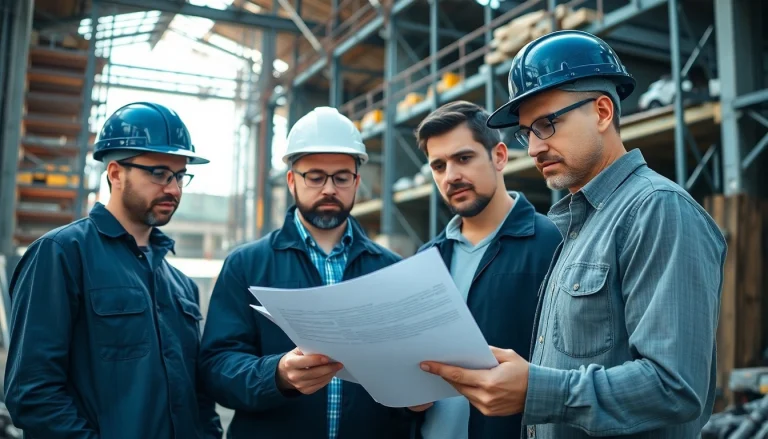 Construction labor compliance review by workers at a construction site, showcasing diligence and teamwork.