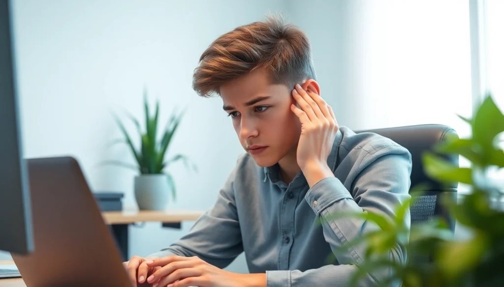 Young adult showing anxiety symptoms while working in a calming office environment.