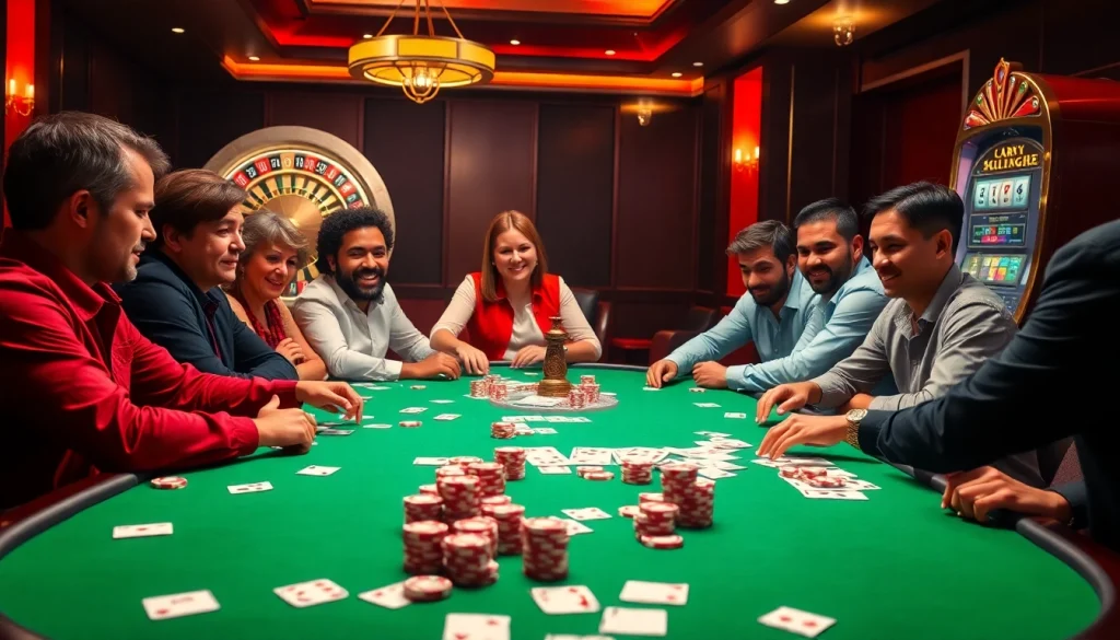 Les joueurs de casino en ligne argent réel profitent d'une partie de poker à enjeux élevés à une table luxueuse avec des jetons et des cartes vibrants.