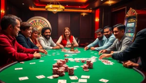 Les joueurs de casino en ligne argent réel profitent d'une partie de poker à enjeux élevés à une table luxueuse avec des jetons et des cartes vibrants.