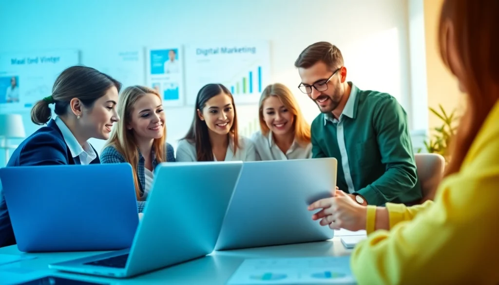 Digital marketing team strategizing around a table, showcasing agencia hubspot collaboration.