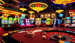 Players engaging in thrilling games at vin777 casino, with vibrant poker chips and glowing roulette.