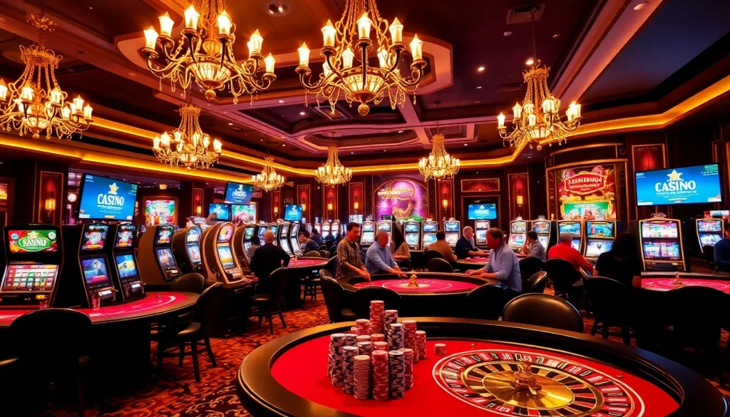 Découvrez l'atmosphère animée d'un casino en ligne français avec des tables de jeu vibrantes et du luxe.