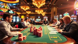 Engaging scene of bandar mix parlay betting at a luxurious casino table with vibrant decor.