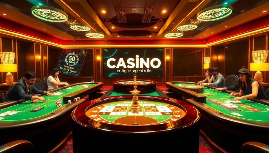 Scène captivante de casino en ligne argent réel présentant une atmosphère de jeu dynamique avec des joueurs aux tables.