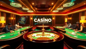 Scène captivante de casino en ligne argent réel présentant une atmosphère de jeu dynamique avec des joueurs aux tables.