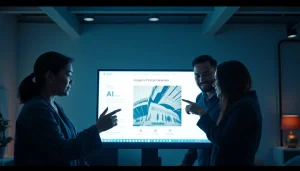 Image to prompt generator interface in a modern office with a diverse team collaborating.