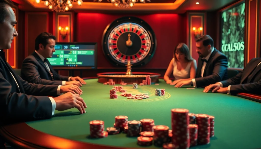 Des joueurs profitant d'une partie de poker à enjeux élevés dans un luxueux casino en ligne argent réel avec des jetons vibrants et une roulette.