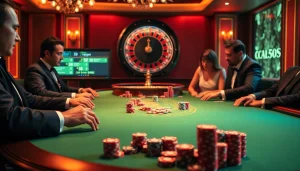 Des joueurs profitant d'une partie de poker à enjeux élevés dans un luxueux casino en ligne argent réel avec des jetons vibrants et une roulette.