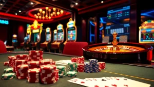Scène dynamique de casino en ligne français mettant en avant une table de poker luxueuse avec des jetons et des cartes vibrants.