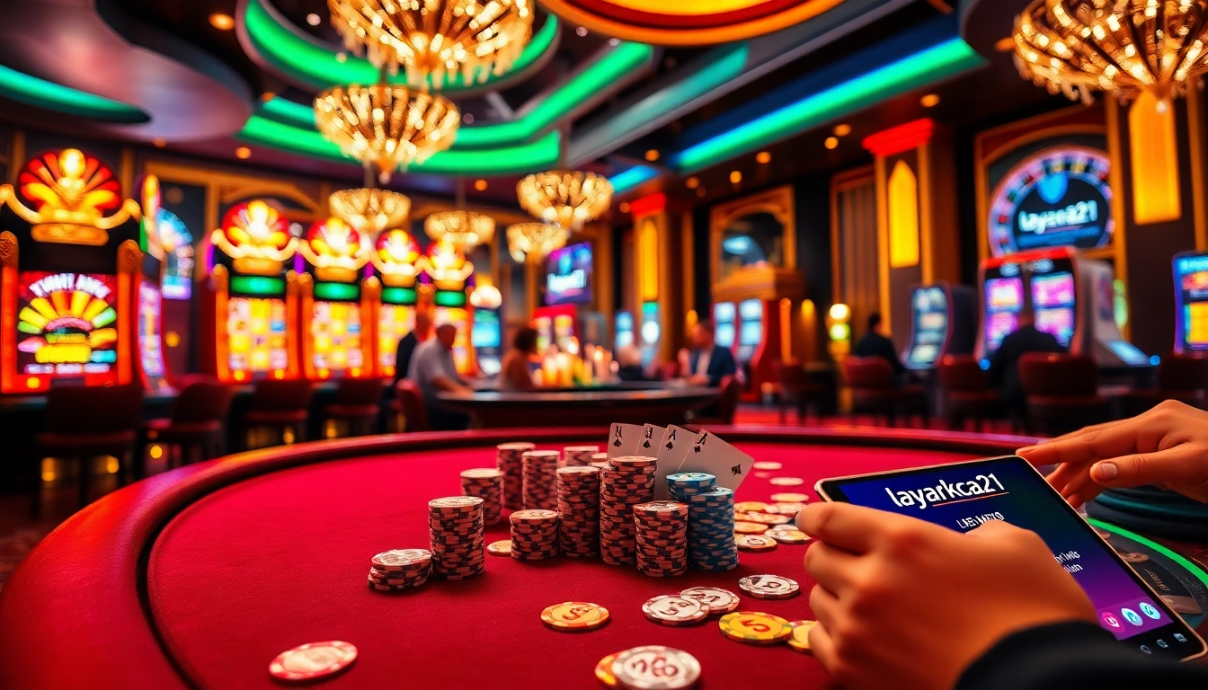 Players enjoying high stakes at a luxurious casino table featuring layarkaca21 elements.