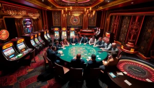 Des joueurs s'engagent à une table de poker luxueuse dans le casino en ligne argent réel, entourés de machines à sous vibrantes.