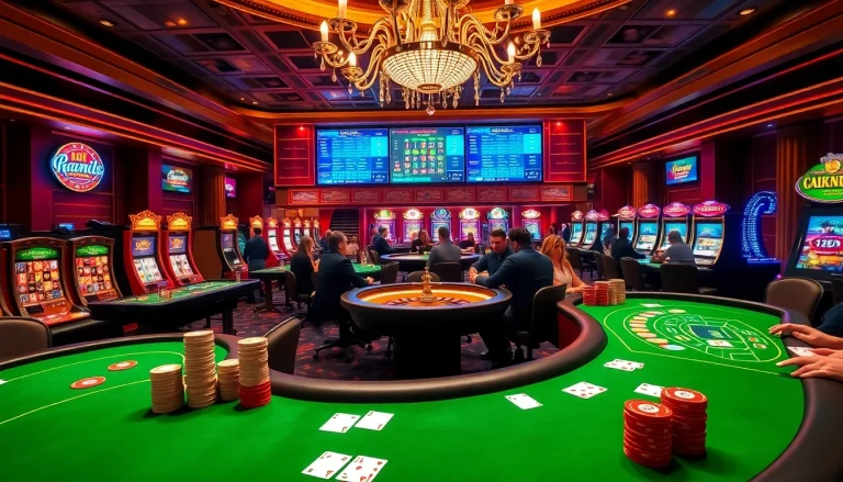 Scène de casino excitante représentant le meilleur casino en ligne 2026 avec des tables de luxe, des jetons de poker et des machines à sous néon.