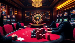 Une scène palpitante mettant en avant un casino en ligne argent réel avec des joueurs de poker et une roulette, incarnant l'excitation.