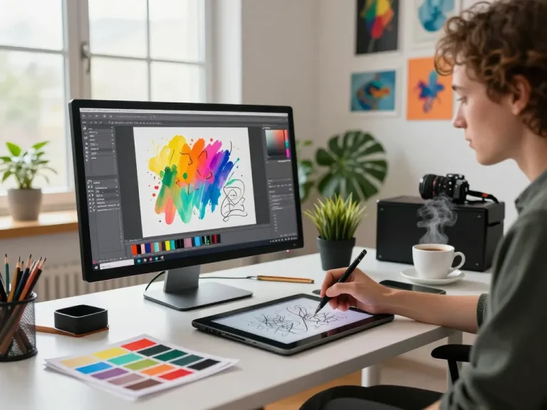 Innovative studio scene showcasing a graphic designer converting an image to a prompt.