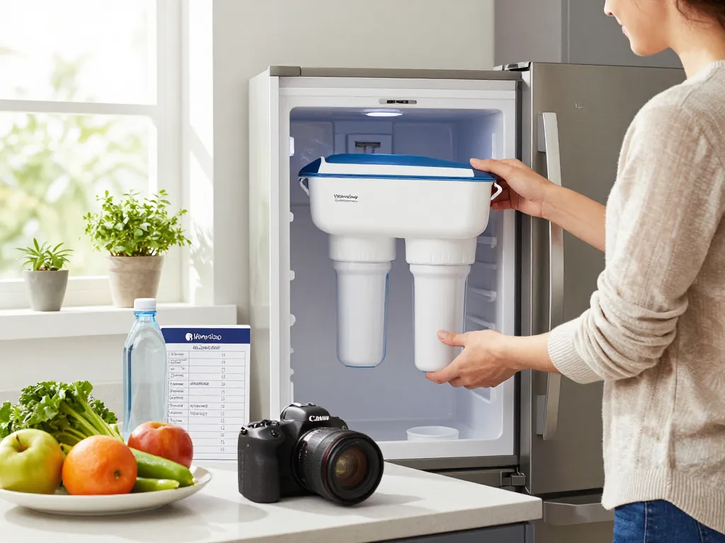 Installing Waterdrop Plus XWF Replacement for GE® XWF water filter in a bright kitchen, ensuring clean water.