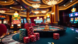 Scène engageante de casino en ligne argent réel présentant des jeux vibrants et des jetons de poker colorés.