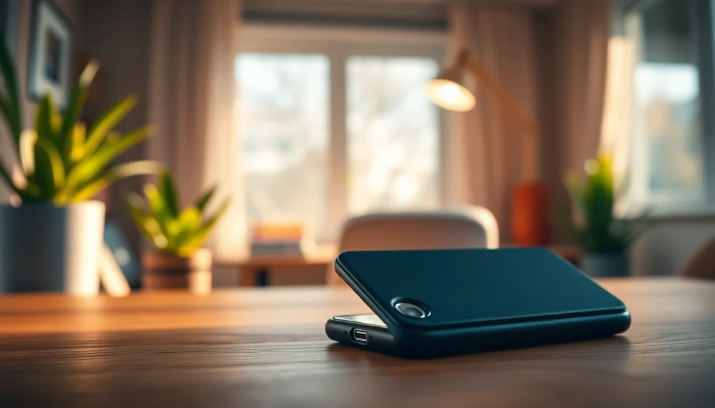 Elegante Handytasche Magnetverschluss auf einem Tisch im gemütlichen Homeoffice.