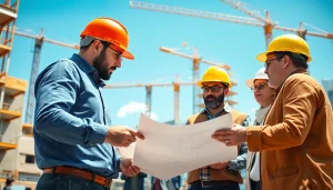 Engaged professionals in construction advocacy collaborate on blueprints in an urban setting.