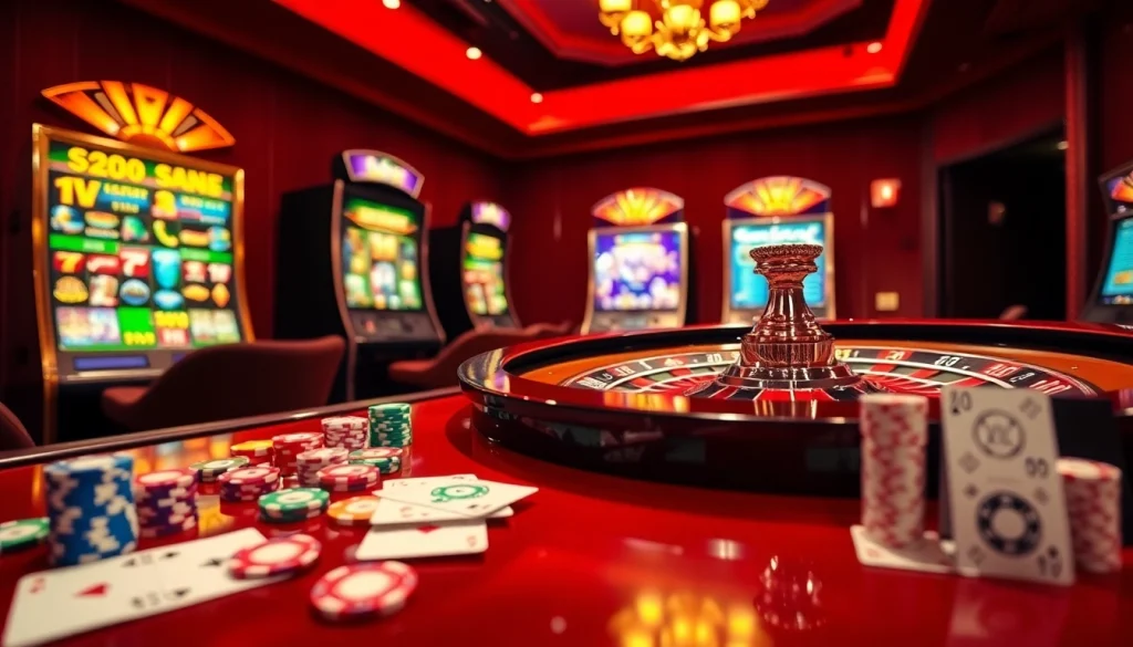 Une scène de casino en ligne vibrante mettant en avant des jetons de poker et une roue de roulette, soulignant l'excitation du casino en ligne argent réel.