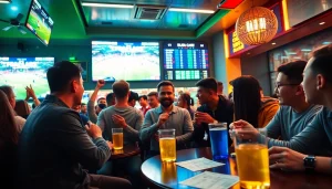 Exciting football betting scene showcasing kèo nhà cái updates in a lively sports bar environment.