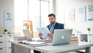 Engaged student exploring options to get certified in a bright office space.