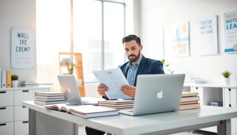 Engaged student exploring options to get certified in a bright office space.