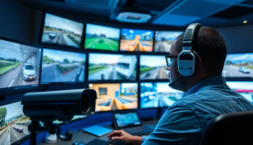 Cámaras de seguridad en Liberia exhibidas en una sala de monitoreo profesional con transmisiones en vivo y tecnología.