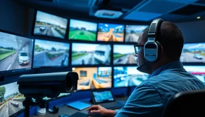 Cámaras de seguridad en Liberia exhibidas en una sala de monitoreo profesional con transmisiones en vivo y tecnología.