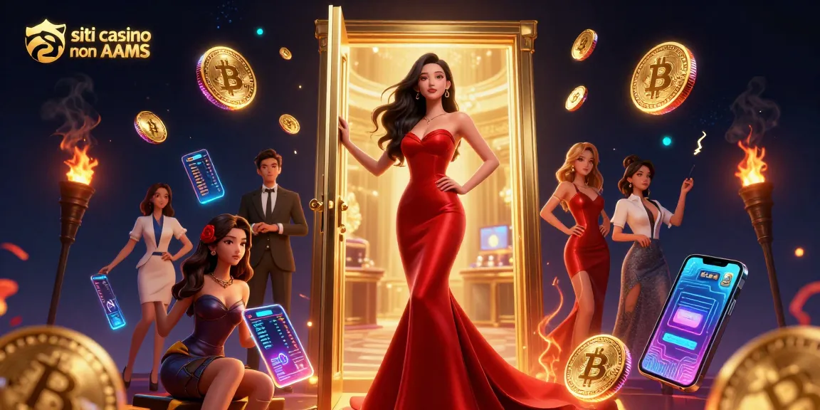 Scopri l'emozione dei siti casino non AAMS con un'illustrazione digitale mozzafiato che mette in mostra lusso e criptovaluta.