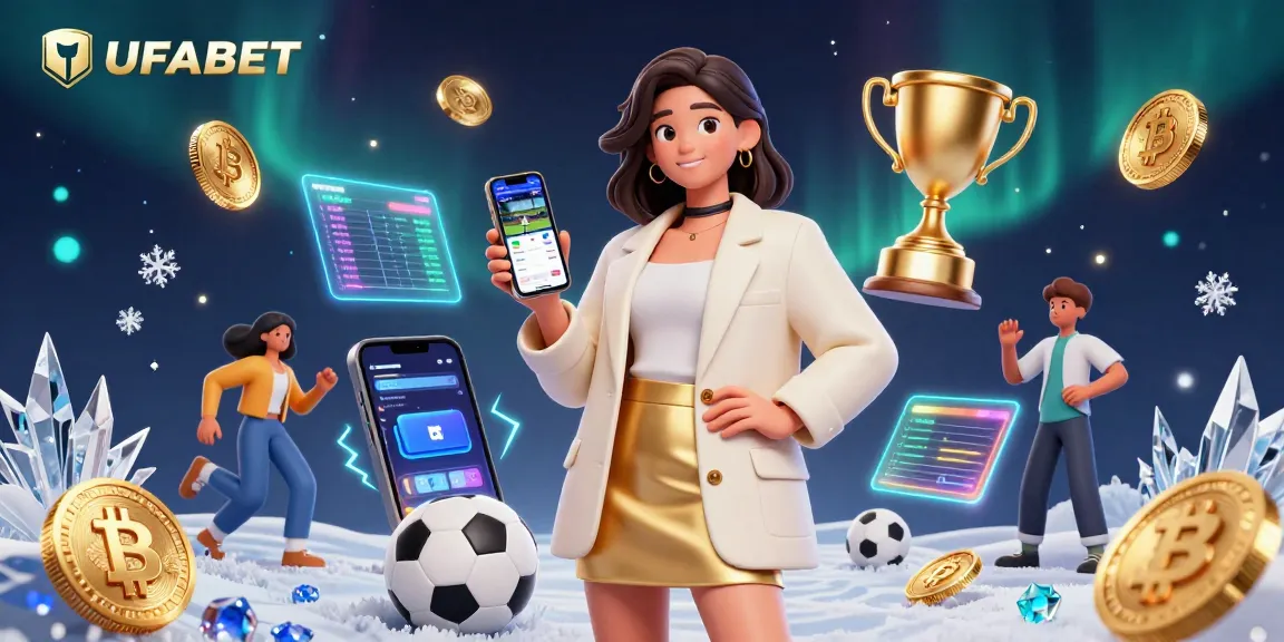 Engage with UFABET for sports betting, showcasing a vibrant scene featuring a friendly Asian woman with a smartphone.