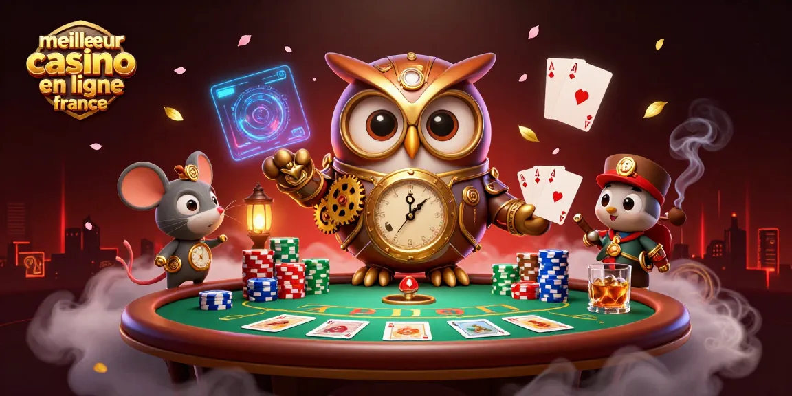 Découvrez un gameplay palpitant au meilleur casino en ligne France, mettant en scène un hibou steampunk fantaisiste et des éléments de casino excitants.