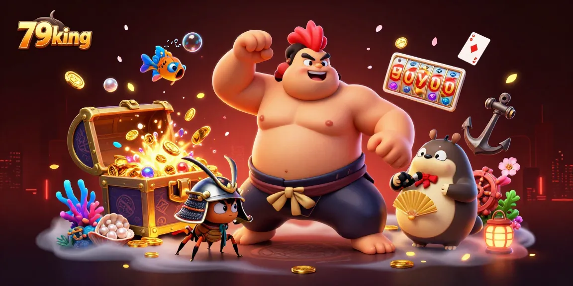 Engage with 79king's exciting casino scene featuring a massive sumo wrestler rooster and other characters.