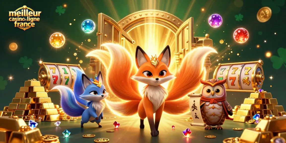 Vivez le frisson de meilleur casino en ligne france avec une illustration 3D vibrante d'un renard à neuf queues et d'un hibou sage parmi des richesses.