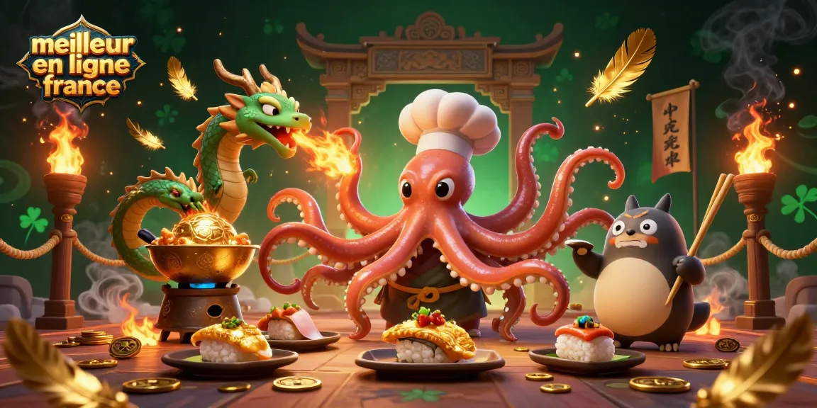 Engagez-vous avec les meilleurs casinos en ligne en France mettant en scène un charmant chef poulpe préparant des plats dorés, débordant d'éléments vibrants.