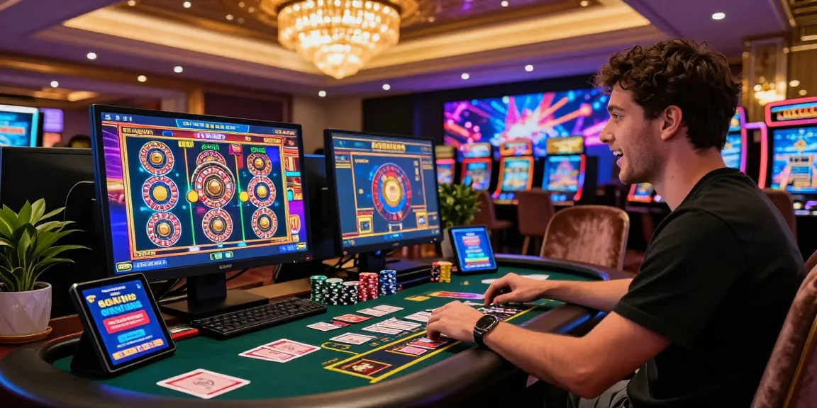 Environnement de jeu en ligne engageant mettant en avant le meilleur casino en ligne France avec des graphiques vibrants, des jetons et une atmosphère palpitante.