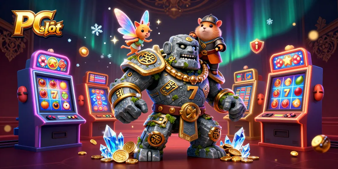 Experience thrilling PG slot action with an enchanted golem and a brave hamster knight in a vibrant casino scene.