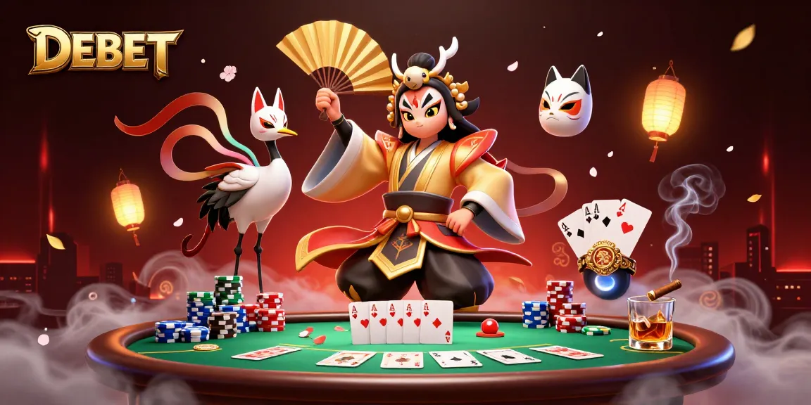 Engage with DEBET's dynamic poker scene featuring a kabuki warrior and rich casino elements.