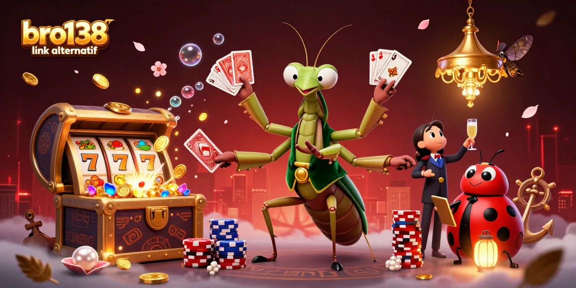Engage in thrilling casino action with bro138 link alternatif in a vibrant 3D illustrated scene featuring games and characters.