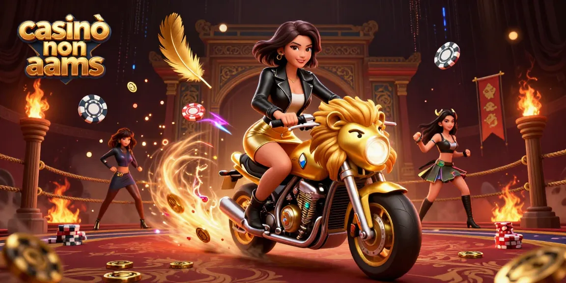 Casinò non AAMS con una donna asiatica glamour che cavalca un leone dorato, immersa in una vivace scena di casinò.