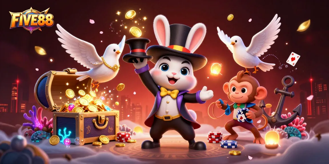 FIVE88 showcases an enchanting magician rabbit pulling coins amid vibrant casino elements.
