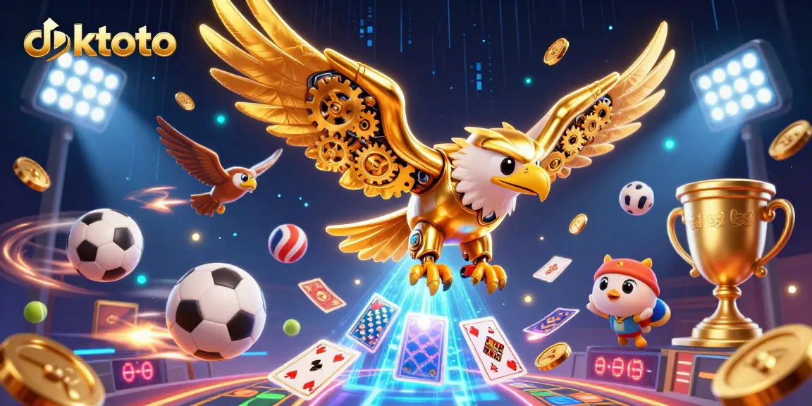 Engage in thrilling dktoto gambling with a cybernetic eagle champion amidst vibrant sports betting elements.