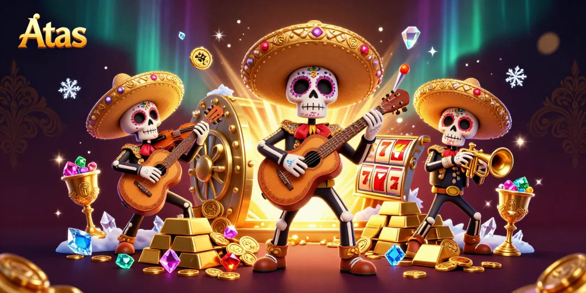 Experience slots action at Atas with vibrant skeleton mariachi band and treasure in a 3D scene.