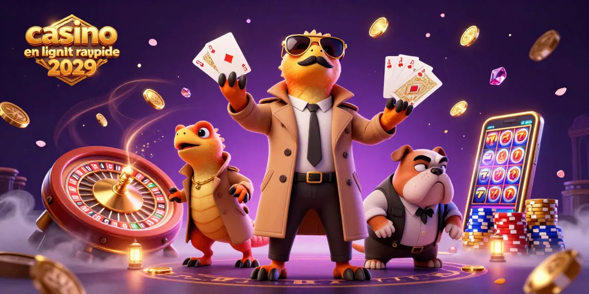 Explorez les options de casino en ligne retrait rapide 2029 avec une illustration vibrante d'animations de casino et d'éléments de jeu.