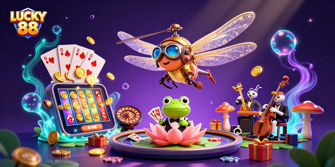 Experience the excitement of the LUCKY 88 slot game with vibrant characters and lively casino elements.