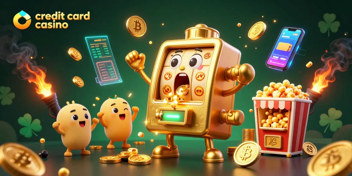 Engaging scene showcasing a vibrant credit card casino setup featuring a joyful slot machine, surrounded by cheering characters and cryptocurrency elements.