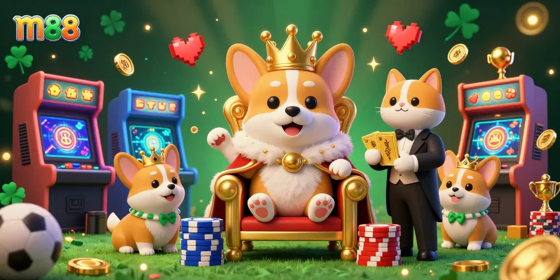 Engage with the vibrant m88 casino experience featuring a royal corgi on poker chips and gaming elements.
