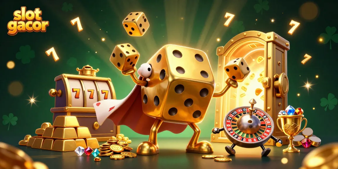 Slot gacor yang menarik dengan dadu emas, reel slot, dan harta berkilau.